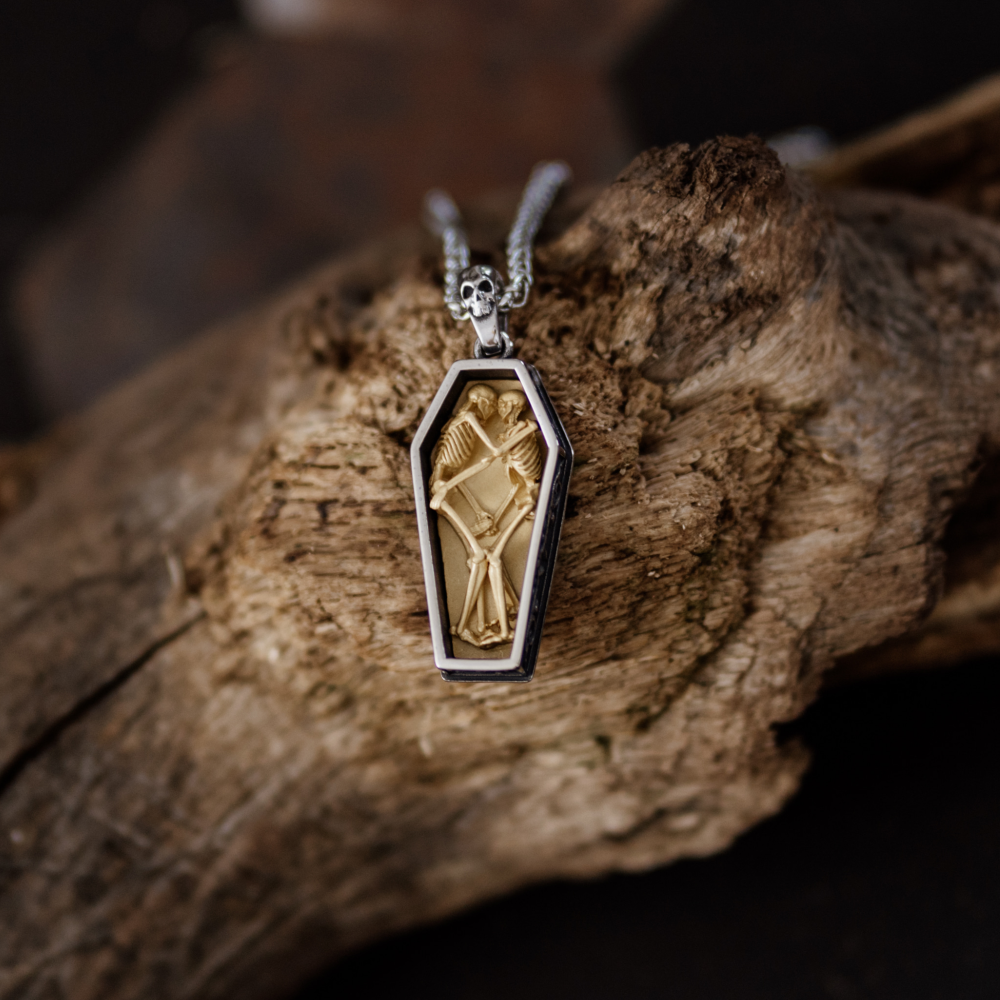The Lovers Coffin Pendant – Gold Gothic Skeleton Pendant and Chain Necklace in Stainless Steel