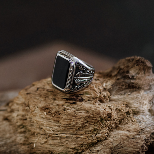 Large Decorative Black Onyx Silver Signet Ring in Stainless Steel